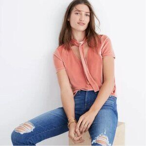 Madewell Velvet Tie-Neck Top in Pink Coral, Size Small